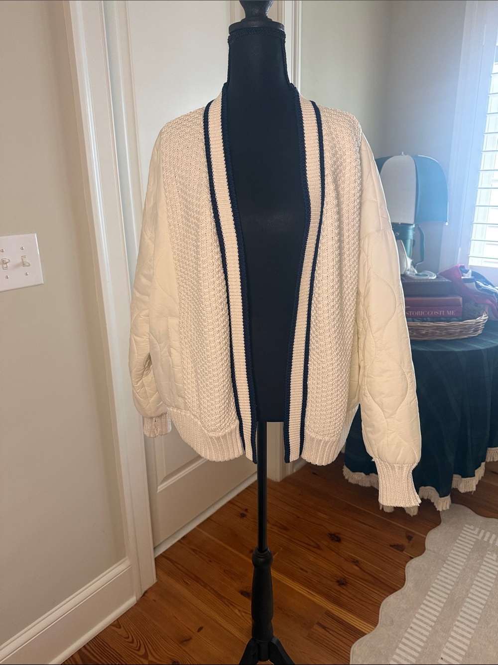 aerie Cream Cardigan with Navy Trim Open Front